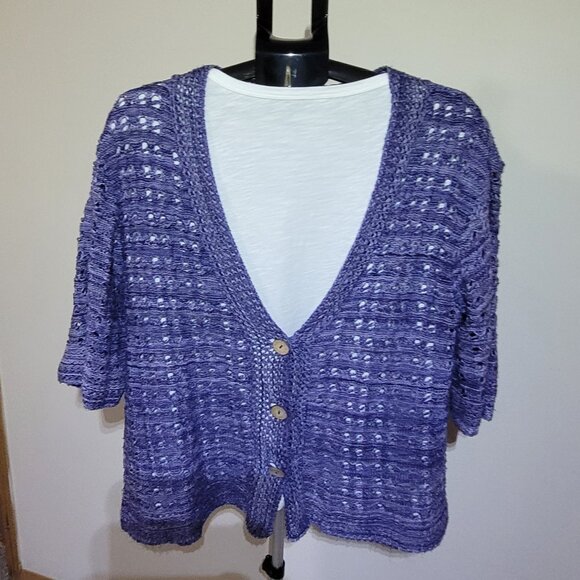 Coldwater Creek Open Knit Short Sleeved Cardigan - Grape - Picture 1 of 5